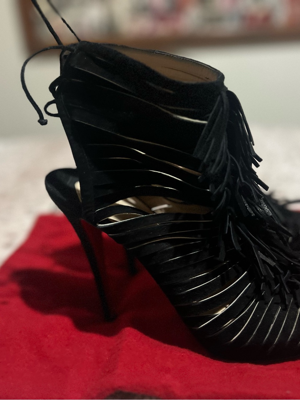 Christian Louboutin Black Fringe Peep-Toe Heels - Picture 2 of 5
